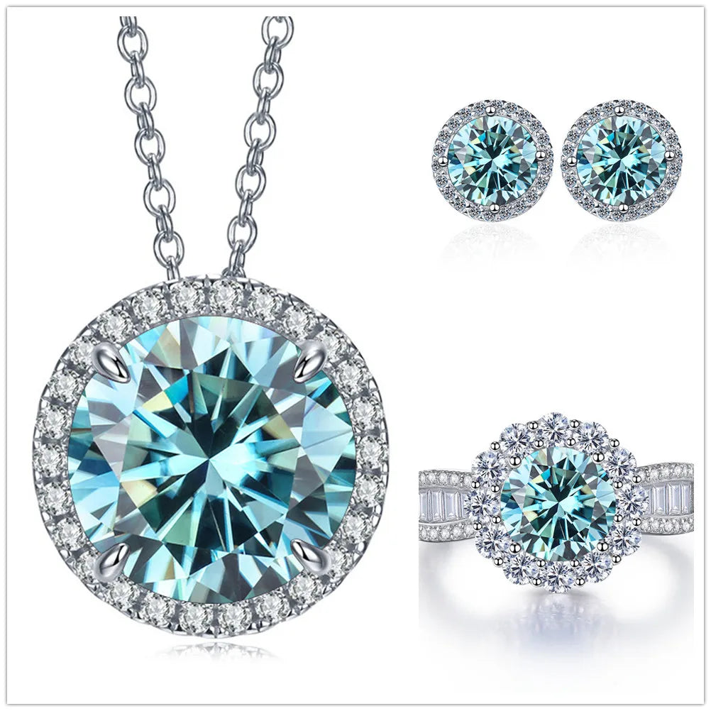 9ct Moissanite 925 Sterling Silver Ring Earrings Necklace Jewelry Set Gift