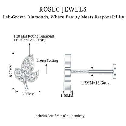 Diamond Leaf Flat Back Cartilage Stud Earring (18G) – Nature Inspired Helix & Tragus Jewelry in Gold