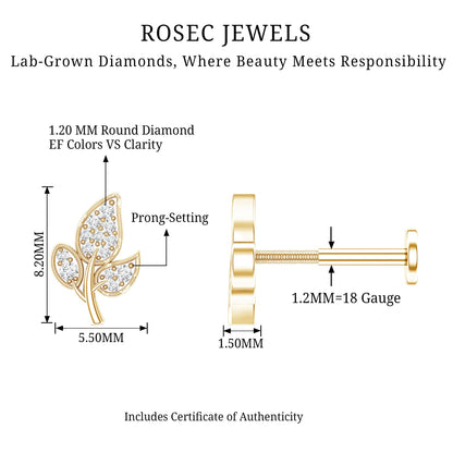 Diamond Leaf Flat Back Cartilage Stud Earring (18G) – Nature Inspired Helix & Tragus Jewelry in Gold
