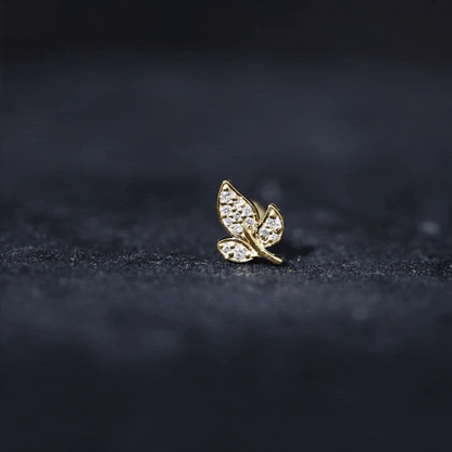 Diamond Leaf Flat Back Cartilage Stud Earring (18G) – Nature Inspired Helix & Tragus Jewelry in Gold