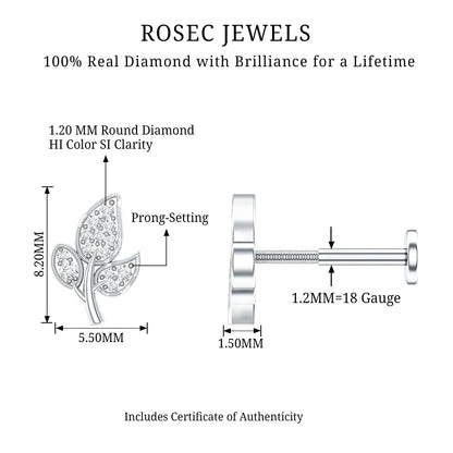 Diamond Leaf Flat Back Cartilage Stud Earring (18G) – Nature Inspired Helix & Tragus Jewelry in Gold