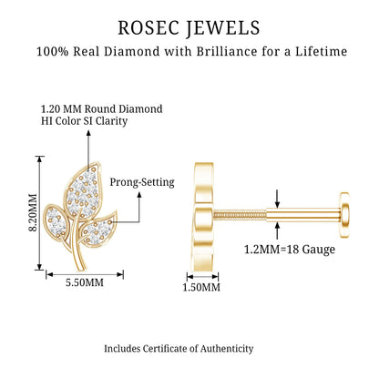 Diamond Leaf Flat Back Cartilage Stud Earring (18G) – Nature Inspired Helix & Tragus Jewelry in Gold