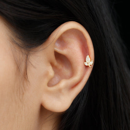 Diamond Leaf Flat Back Cartilage Stud Earring (18G) – Nature Inspired Helix & Tragus Jewelry in Gold