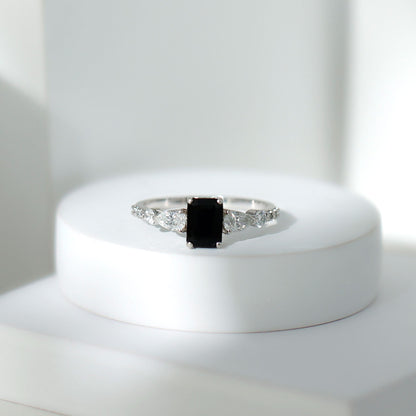 Certified 1.6 Carat Lab Grown Black Diamond Emerald Cut Engagement Ring with Side Stones