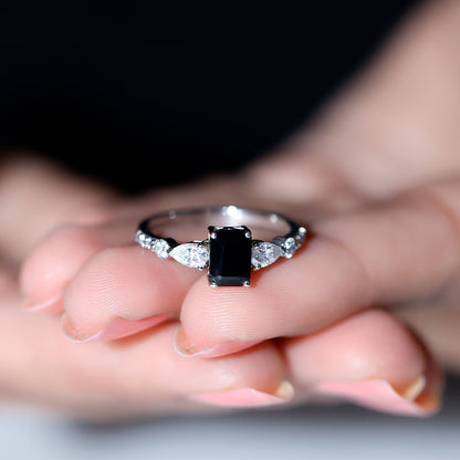 Certified 1.6 Carat Lab Grown Black Diamond Emerald Cut Engagement Ring with Side Stones