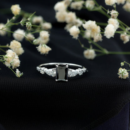 Certified 1.6 Carat Lab Grown Black Diamond Emerald Cut Engagement Ring with Side Stones