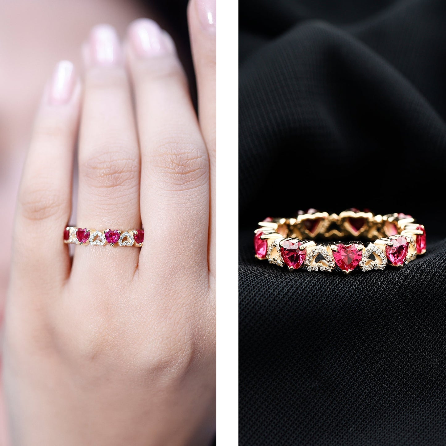 Lab-Created Ruby and Diamond Heart Eternity Band Ring