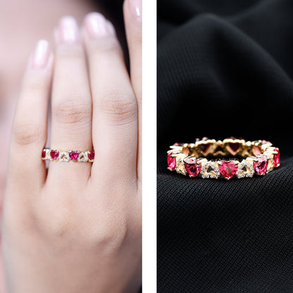 Lab-Created Ruby and Diamond Heart Eternity Band Ring