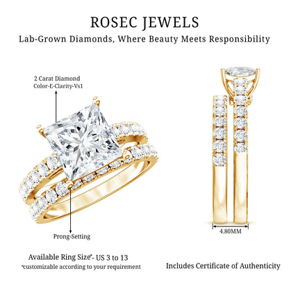 IGI Certified 2 Carat Lab Grown Diamond Princess Cut Bridal Ring Set
