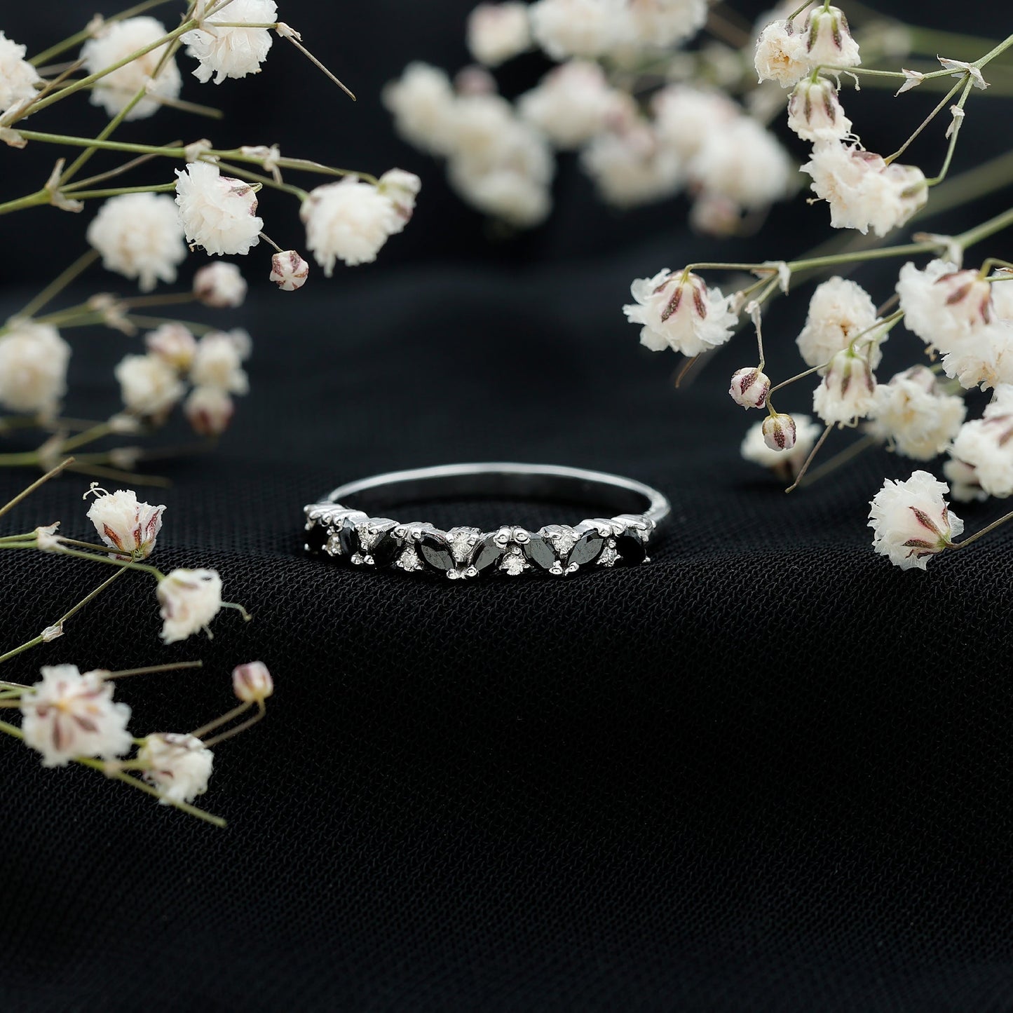 Natural Marquise Black Spinel Diamond Half Eternity Ring